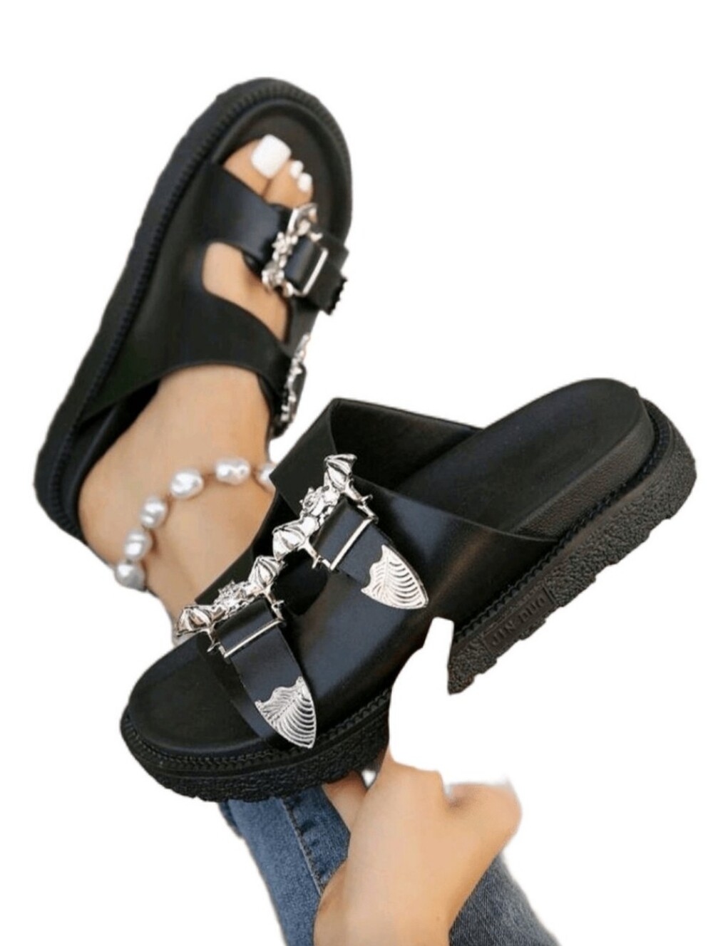 SHEIN Black Women's Bat Detail Slide Sandals